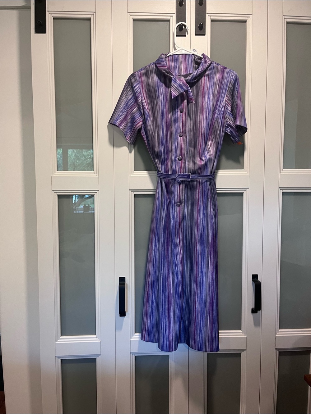 Unique Vintage 1970s Purple Striped Tie-Neck Shirt Dress